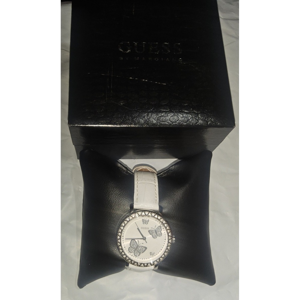 GUESS G75990L Genuine Leather Quartz Analog Butterfly White Women's Watch VTG